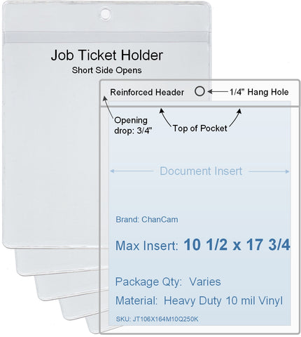 ChanCam vinyl sleeve, open short side, hanging document holder, insert size: 10 1/2 x 17 3/4, product size: 10 3/4 x 18 1/2, package quantity 100, heavy duty 10 mil clear vinyl