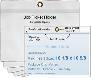 ChanCam vinyl sleeve, open long side, hanging document holder with brass eyelet, insert size: 10 1/8 x 10 5/8, product size: 10 7/8 x 10 7/8, package quantity 100, 7.5 mil clear vinyl