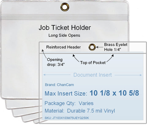 ChanCam vinyl sleeve, open long side, hanging document holder with brass eyelet, insert size: 10 1/8 x 10 5/8, product size: 10 7/8 x 10 7/8, package quantity 100, 7.5 mil clear vinyl