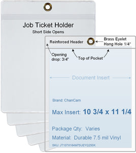 ChanCam vinyl sleeve, open short side, hanging document holder with brass eyelet, insert size: 10 3/4 x 11 1/4, product size: 11 x 12, package quantity 100, 7.5 mil clear vinyl