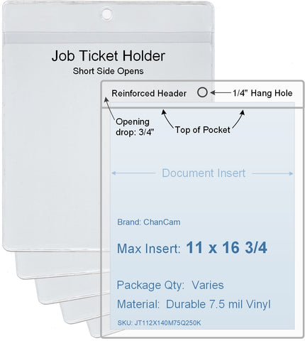 ChanCam vinyl sleeve, open short side, hanging document holder, insert size: 11 x 16 3/4, product size: 11 1/4 x 17 1/2, package quantity 100, 7.5 mil clear vinyl