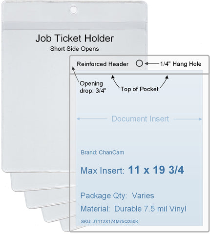 ChanCam vinyl sleeve, open short side, hanging document holder, insert size: 11 x 19 3/4, product size: 11 1/4 x 20 1/2, package quantity 100, 7.5 mil clear vinyl