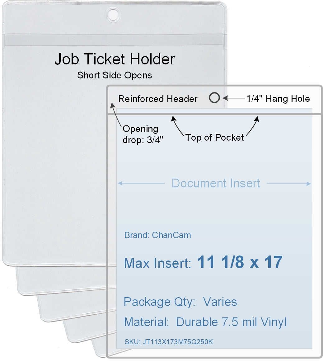 ChanCam vinyl sleeve, open short side, hanging document holder, insert size: 11 1/8 x 17, product size: 11 3/8 x 17 3/4, package quantity 100, 7.5 mil clear vinyl