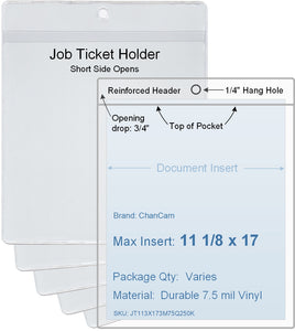 ChanCam vinyl sleeve, open short side, hanging document holder, insert size: 11 1/8 x 17, product size: 11 3/8 x 17 3/4, package quantity 100, 7.5 mil clear vinyl