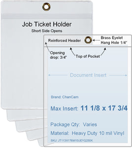 ChanCam vinyl sleeve, open short side, hanging document holder with brass eyelet, insert size: 11 1/8 x 17 3/4, product size: 11 3/8 x 18 1/2, package quantity 100, heavy duty 10 mil clear vinyl