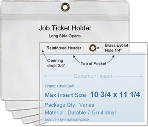 ChanCam vinyl sleeve, open long side, hanging document holder with brass eyelet, insert size: 10 3/4 x 11 1/4, product size: 11 1/2 x 11 1/2, package quantity 100, 7.5 mil clear vinyl