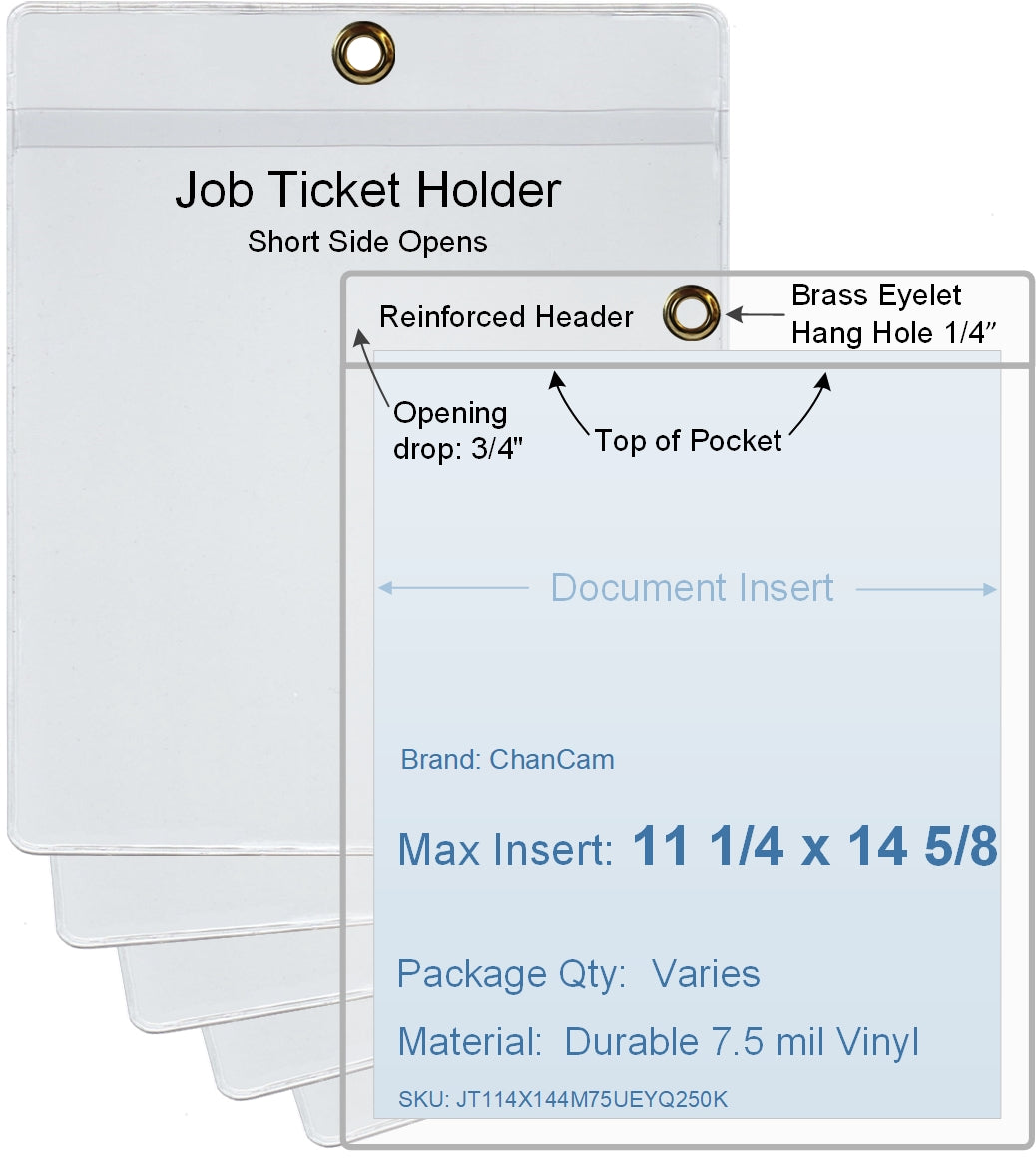 ChanCam vinyl sleeve, open short side, hanging document holder with brass eyelet, insert size: 11 1/4 x 14 5/8, product size: 11 1/2 x 15 3/8, package quantity 100, 7.5 mil clear vinyl