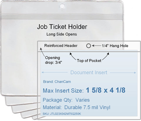 ChanCam vinyl sleeve, open long side, hanging document holder, insert size: 4 1/8 x 1 5/8, product size: 4 3/8 x 2 3/8, package quantity 100, 7.5 mil clear vinyl