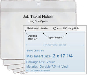 ChanCam vinyl sleeve, open long side, hanging document holder, insert size: 17 1/4 x 2, product size: 17 1/2 x 2 3/4, package quantity 100, 7.5 mil clear vinyl