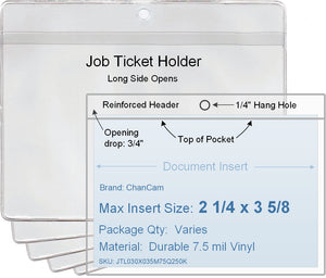 ChanCam vinyl sleeve, open long side, hanging document holder, insert size: 3 5/8 x 2 1/4, product size: 3 7/8 x 3, package quantity 100, 7.5 mil clear vinyl