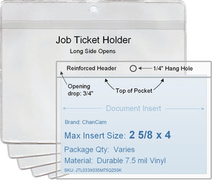 ChanCam vinyl sleeve, open long side, hanging document holder, insert size: 4 x 2 5/8, product size: 4 1/4 x 3 3/8, package quantity 100, 7.5 mil clear vinyl