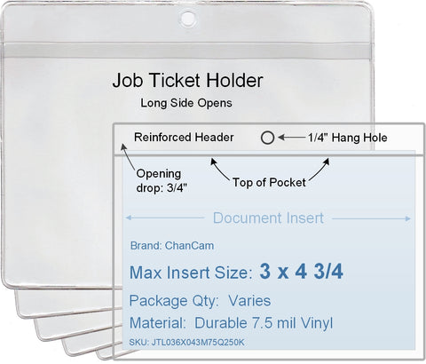 ChanCam vinyl sleeve, open long side, hanging document holder, insert size: 4 3/4 x 3, product size: 5 x 3 3/4, package quantity 100, 7.5 mil clear vinyl