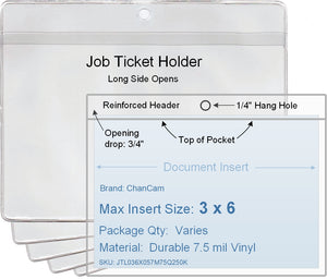 ChanCam vinyl sleeve, open long side, hanging document holder, insert size: 6 x 3, product size: 6 1/4 x 3 3/4, package quantity 100, 7.5 mil clear vinyl