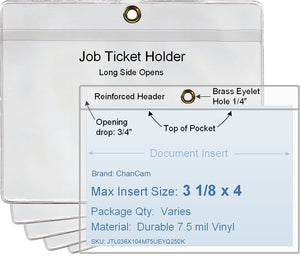 ChanCam vinyl sleeve, open long side, hanging document holder with brass eyelet, insert size: 4 x 3 1/8, product size: 4 1/4 x 3 7/8, package quantity 100, 7.5 mil clear vinyl