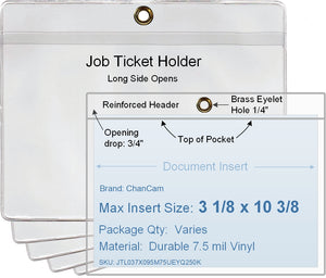 ChanCam vinyl sleeve, open long side, hanging document holder with brass eyelet, insert size: 10 3/8 x 3 1/8, product size: 10 5/8 x 3 7/8, package quantity 100, 7.5 mil clear vinyl