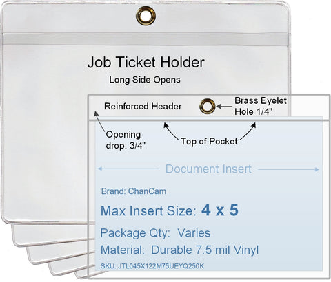 ChanCam vinyl sleeve, open long side, hanging document holder with brass eyelet, insert size: 5 x 4, product size: 5 1/4 x 4 3/4, package quantity 100, 7.5 mil clear vinyl