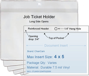 ChanCam vinyl sleeve, open long side, hanging document holder, insert size: 5 x 4, product size: 5 1/4 x 4 3/4, package quantity 100, 7.5 mil clear vinyl