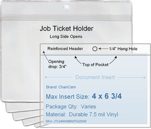 ChanCam vinyl sleeve, open long side, hanging document holder, insert size: 6 3/4 x 4, product size: 7 x 4 3/4, package quantity 100, 7.5 mil clear vinyl