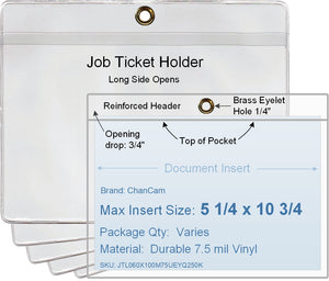 ChanCam vinyl sleeve, open long side, hanging document holder with brass eyelet, insert size: 10 3/4 x 5 1/4, product size: 11 x 6, package quantity 100, 7.5 mil clear vinyl