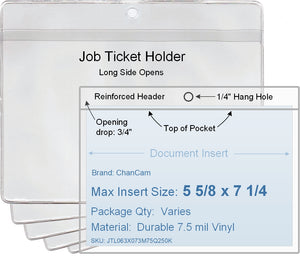 ChanCam vinyl sleeve, open long side, hanging document holder, insert size: 7 1/4 x 5 5/8, product size: 7 1/2 x 6 3/8, package quantity 100, 7.5 mil clear vinyl