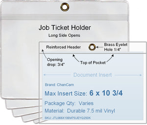 ChanCam vinyl sleeve, open long side, hanging document holder with brass eyelet, insert size: 10 3/4 x 6, product size: 11 x 6 3/4, package quantity 100, 7.5 mil clear vinyl