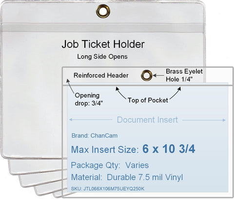 ChanCam vinyl sleeve, open long side, hanging document holder with brass eyelet, insert size: 10 3/4 x 6, product size: 11 x 6 3/4, package quantity 100, 7.5 mil clear vinyl