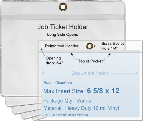 ChanCam vinyl sleeve, open long side, hanging document holder with brass eyelet, insert size: 12 x 6 5/8, product size: 12 1/4 x 7 3/8, package quantity 100, heavy duty 10 mil clear vinyl