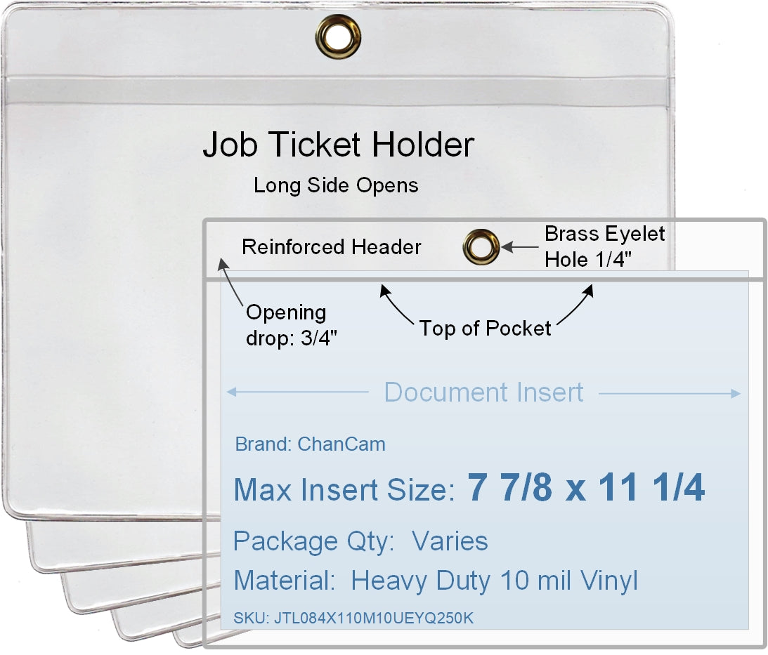 ChanCam vinyl sleeve, open long side, hanging document holder with brass eyelet, insert size: 11 1/4 x 7 7/8, product size: 11 1/2 x 8 5/8, package quantity 100, heavy duty 10 mil clear vinyl