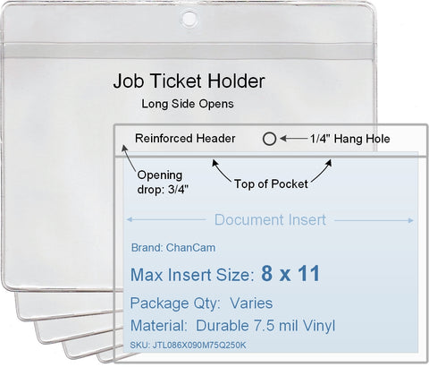 ChanCam vinyl sleeve, open long side, hanging document holder, insert size: 11 x 8, product size: 11 1/4 x 8 3/4, package quantity 100, 7.5 mil clear vinyl