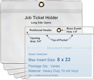 ChanCam vinyl sleeve, open long side, hanging document holder with brass eyelet, insert size: 23 x 8, product size: 23 1/4 x 8 3/4, package quantity 100, heavy duty 10 mil clear vinyl