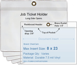 ChanCam vinyl sleeve, open long side, hanging document holder with brass eyelet, insert size: 23 x 8, product size: 23 1/4 x 8 3/4, package quantity 100, 7.5 mil clear vinyl