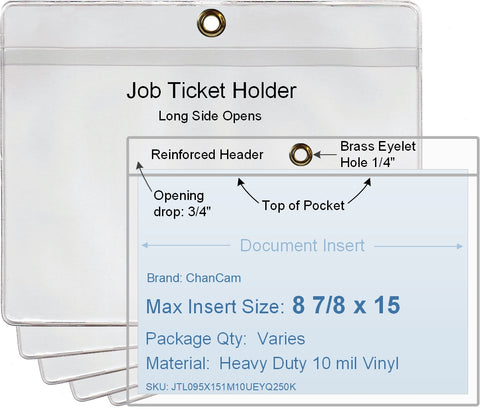 ChanCam vinyl sleeve, open long side, hanging document holder with brass eyelet, insert size: 15 x 8 7/8, product size: 15 1/4 x 9 5/8, package quantity 250, heavy duty 10 mil clear vinyl