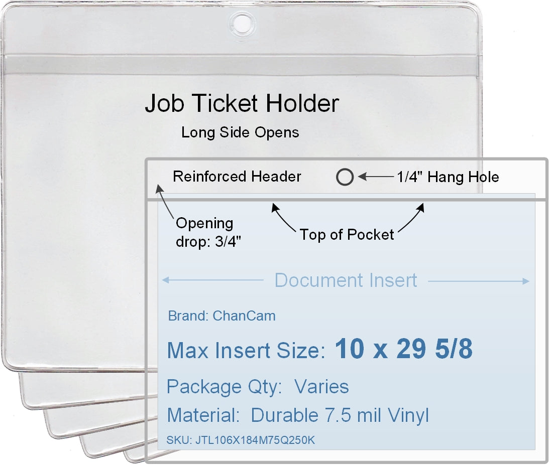 ChanCam vinyl sleeve, open long side, hanging document holder, insert size: 29 5/8 x 10, product size: 29 7/8 x 10 3/4, package quantity 100, 7.5 mil clear vinyl