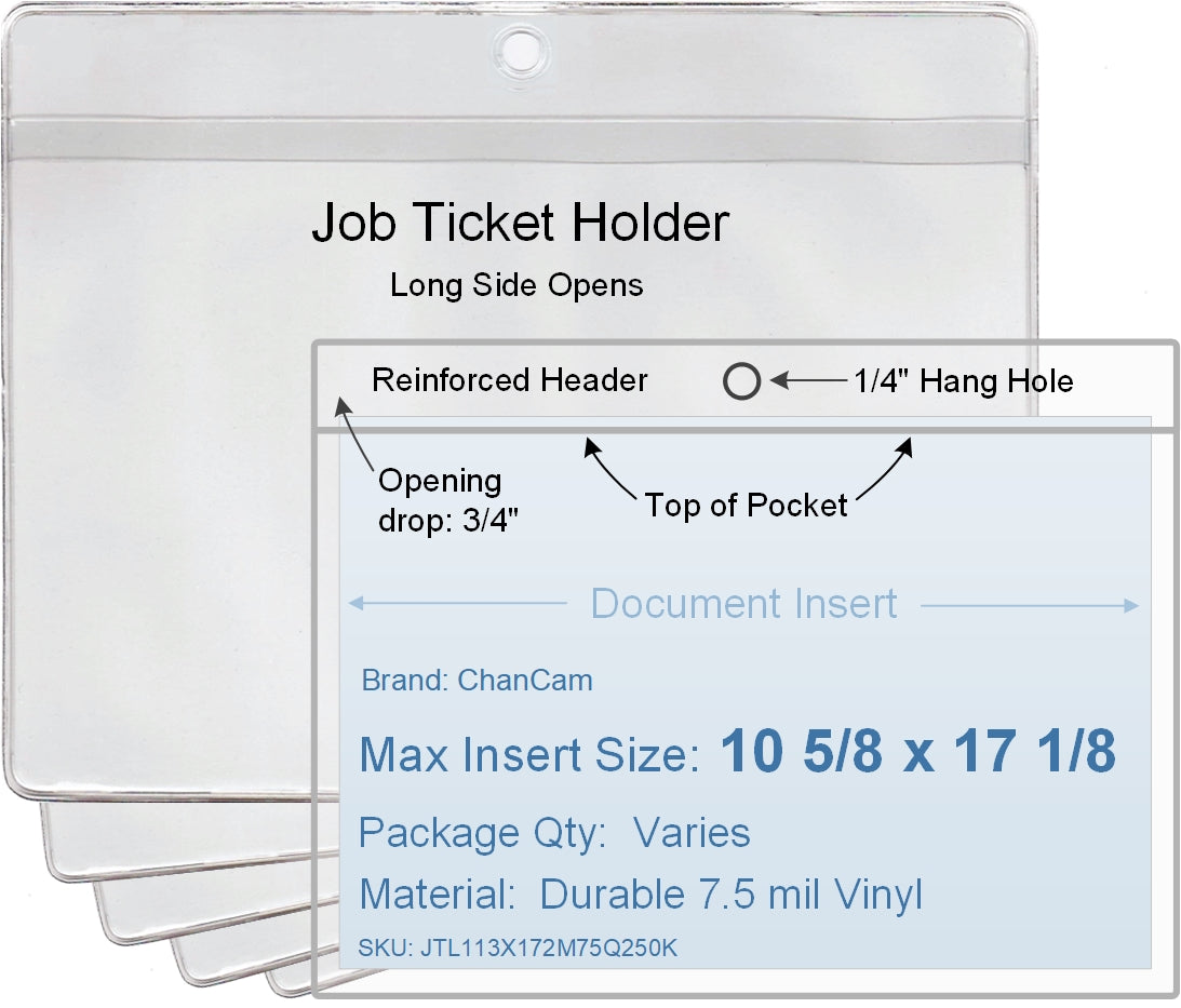 ChanCam vinyl sleeve, open long side, hanging document holder, insert size: 17 1/8 x 10 5/8, product size: 17 3/8 x 11 3/8, package quantity 100, 7.5 mil clear vinyl