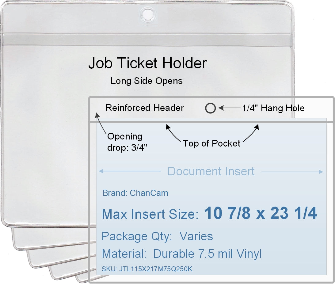 ChanCam vinyl sleeve, open long side, hanging document holder, insert size: 23 1/4 x 10 7/8, product size: 23 1/2 x 11 5/8, package quantity 100, 7.5 mil clear vinyl