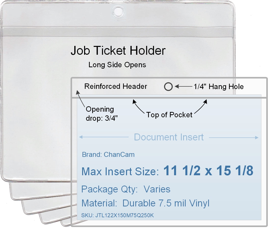 ChanCam vinyl sleeve, open long side, hanging document holder, insert size: 15 1/8 x 11 1/2, product size: 15 3/8 x 12 1/4, package quantity 100, 7.5 mil clear vinyl