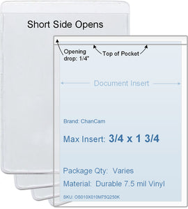 ChanCam vinyl sleeve, open short side, insert size: 3/4 x 1 3/4, product size: 1 x 2, package quantity 100, 7.5 mil clear vinyl