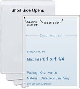 ChanCam vinyl sleeve, open short side, insert size: 1 x 1 1/4, product size: 1 1/4 x 1 1/2, package quantity 100, 7.5 mil clear vinyl