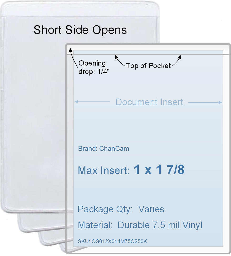 ChanCam vinyl sleeve, open short side, insert size: 1 x 1 7/8, product size: 1 1/4 x 2 1/8, package quantity 100, 7.5 mil clear vinyl