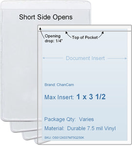 ChanCam vinyl sleeve, open short side, insert size: 1 x 3 1/2, product size: 1 1/4 x 3 3/4, package quantity 100, 7.5 mil clear vinyl