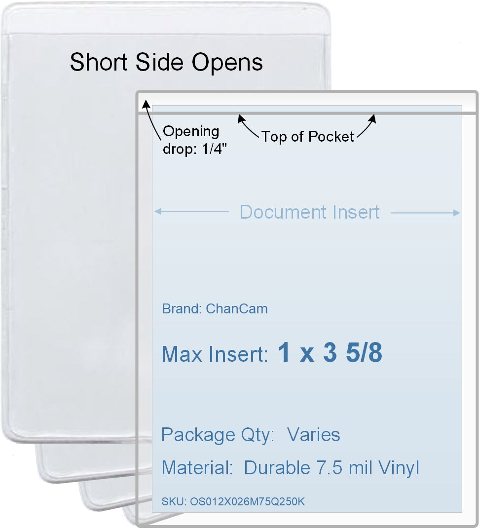 ChanCam vinyl sleeve, open short side, insert size: 1 x 3 5/8, product size: 1 1/4 x 3 7/8, package quantity 100, 7.5 mil clear vinyl