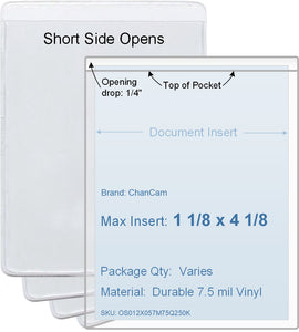 ChanCam vinyl sleeve, open short side, insert size: 1 1/8 x 4 1/8, product size: 1 3/8 x 4 3/8, package quantity 100, 7.5 mil clear vinyl