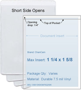 ChanCam vinyl sleeve, open short side, insert size: 1 1/4 x 1 5/8, product size: 1 1/2 x 1 7/8, package quantity 100, 7.5 mil clear vinyl