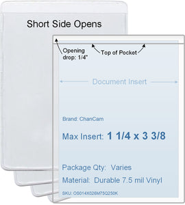 ChanCam vinyl sleeve, open short side, insert size: 1 1/4 x 3 3/8, product size: 1 1/2 x 3 5/8, package quantity 100, 7.5 mil clear vinyl