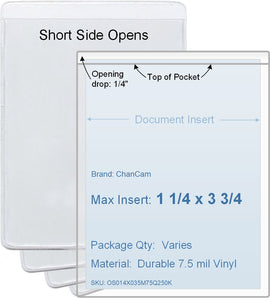 ChanCam vinyl sleeve, open short side, insert size: 1 1/4 x 3 3/4, product size: 1 1/2 x 4, package quantity 100, 7.5 mil clear vinyl