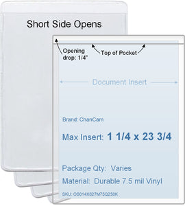 ChanCam vinyl sleeve, open short side, insert size: 1 1/4 x 23 3/4, product size: 1 1/2 x 24, package quantity 100, 7.5 mil clear vinyl