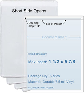 ChanCam vinyl sleeve, open short side, insert size: 1 1/2 x 5 7/8, product size: 1 3/4 x 6 1/8, package quantity 100, 7.5 mil clear vinyl