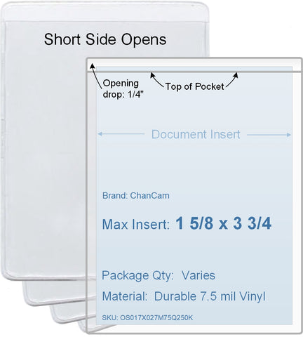 ChanCam vinyl sleeve, open short side, insert size: 1 5/8 x 3 3/4, product size: 1 7/8 x 4, package quantity 100, 7.5 mil clear vinyl