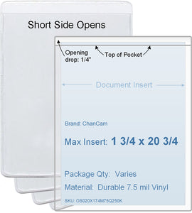 ChanCam vinyl sleeve, open short side, insert size: 1 3/4 x 20 3/4, product size: 2 x 21, package quantity 100, 7.5 mil clear vinyl