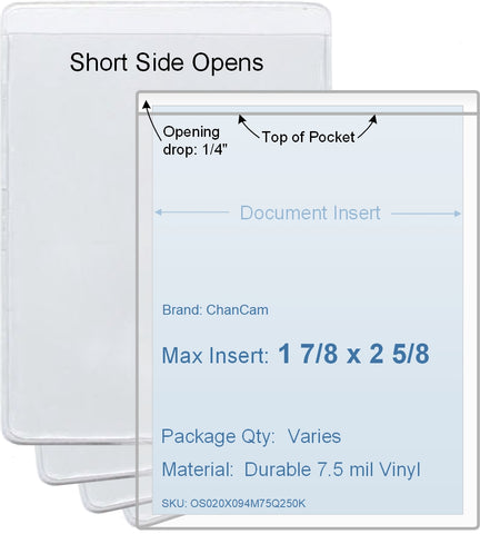 ChanCam vinyl sleeve, open short side, insert size: 1 7/8 x 2 5/8, product size: 2 1/8 x 2 7/8, package quantity 100, 7.5 mil clear vinyl